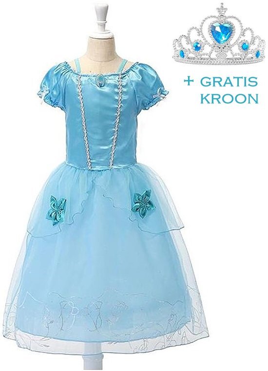 Spaansejurk NL Prinsessen jurk verkleedjurk 116-122 130 blauw met broche + GRATIS kroon