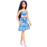 Barbie Fashionistas Pop nr. 231 met paars haar, in strapless denim jurk met vlinderprint, roze riem en laarsjes, HYT89