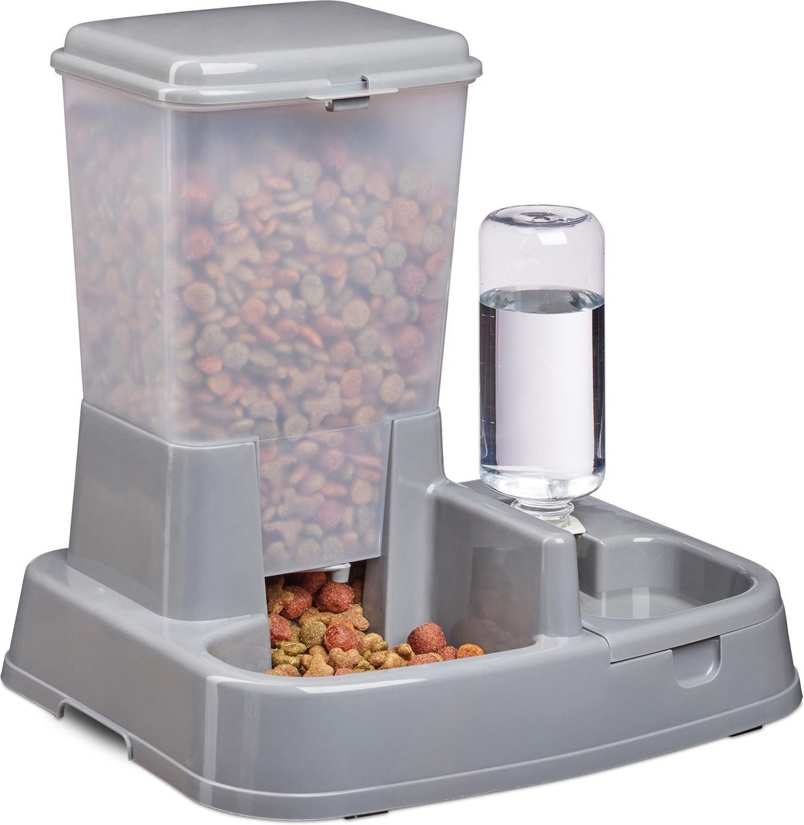 Relaxdays Voer-en drinkbak 2 in 1- honden katten - voederdispenser - eetbak - waterbak donkergrijs grijs, transparant