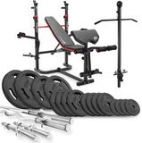 Hop-Sport HS-1065 – Halterbank Set – Gietijzeren Halterset met Lat Pulley – Verstelbaar – Krachttraining Thuis