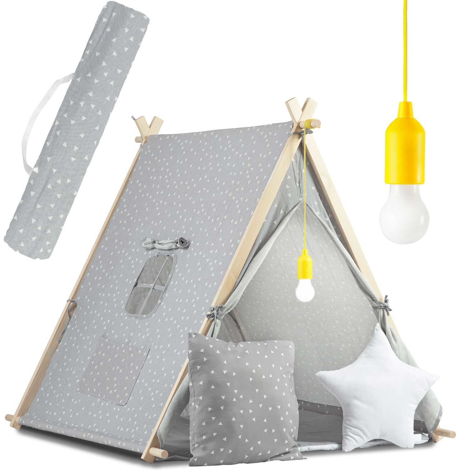 Viking Choice Tipi speeltent - met kussens - en LED lamp - grijs met witte driehoek