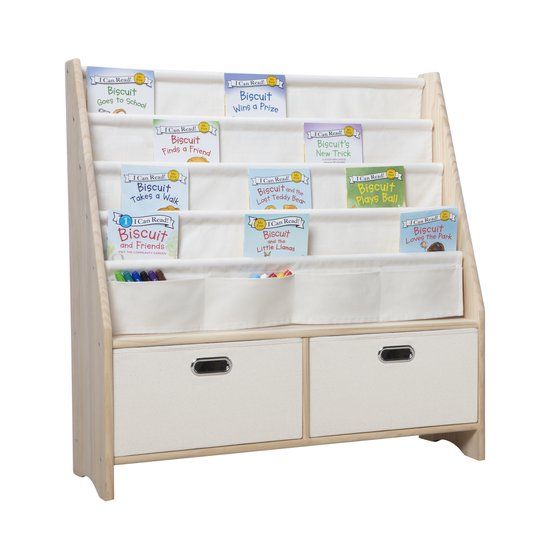 Kinderboekenrek met 2 Opslagbakken - Massief Hout & Katoen - 90x35x95cm