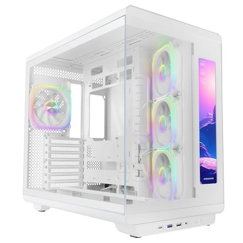 Mars Gaming MC-REVMAX, ATX PC-Behuizing, IPS-Scherm 11,8", Continu Tempered Glas, 4 PWM ARGB-Ventilatoren, Vloeistofkoeling tot 360mm, Compatibel met Moederborden Omgekeerde Connector, USB-C, Wit