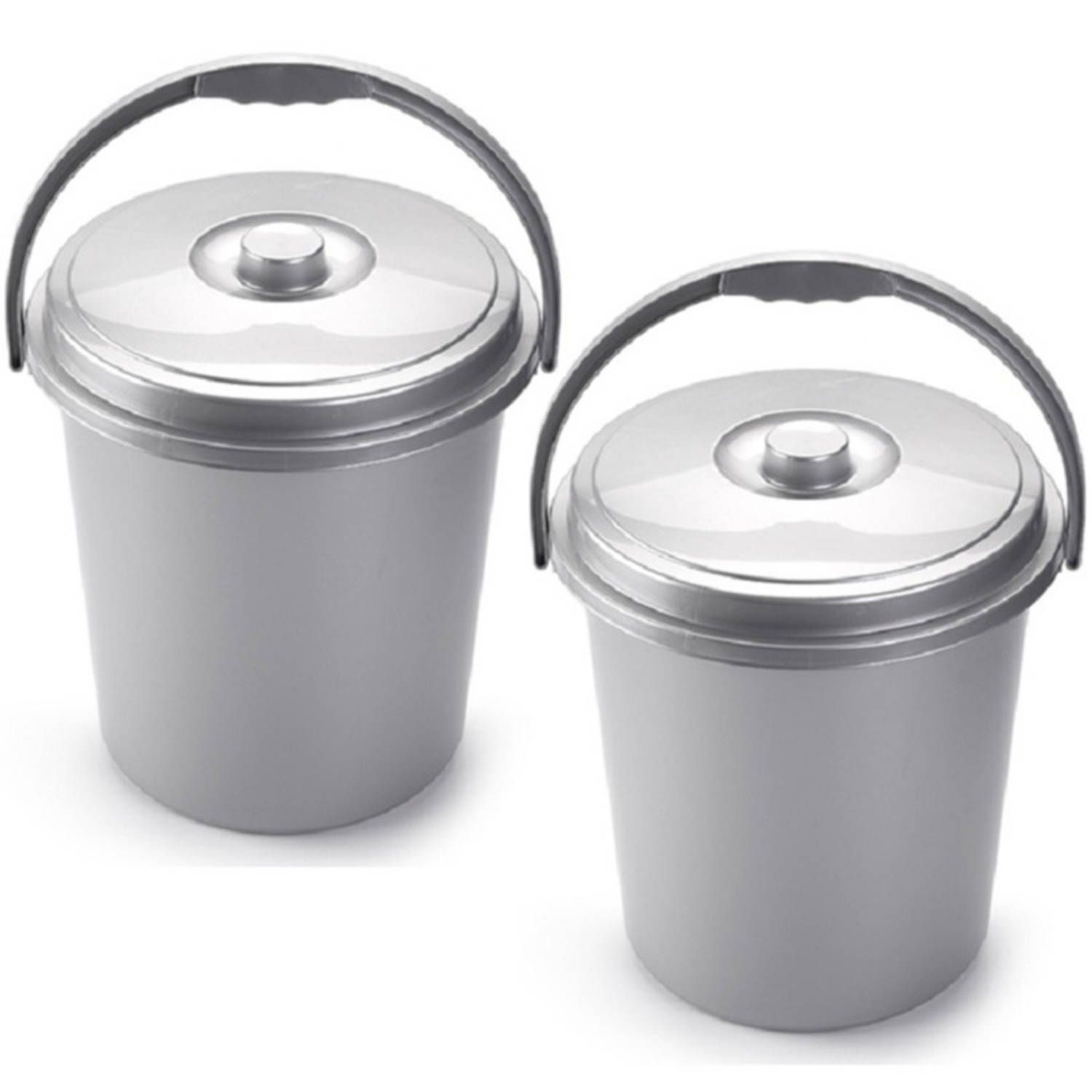 Forte Plastics 2x stuks afsluitbare afvalemmer/vuilnisemmer met deksel 21 liter zilver - Afval scheiden/luier emmer