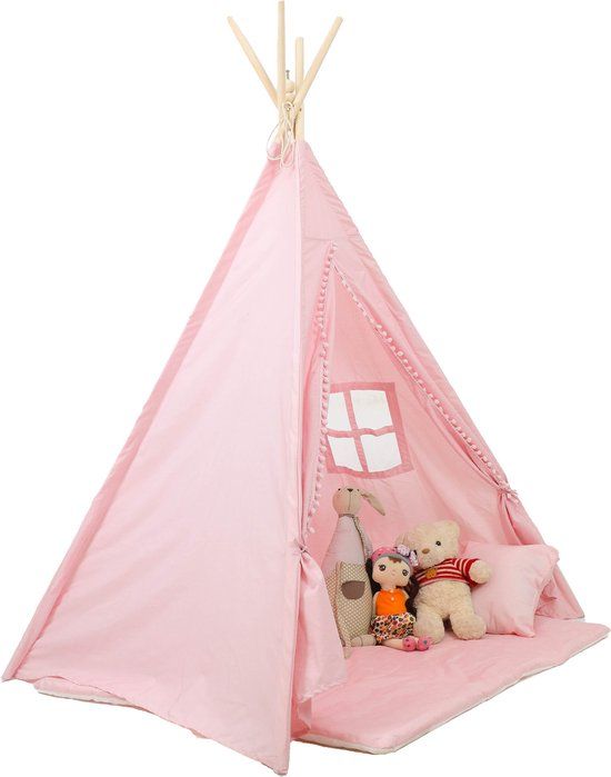 Tipi tent - speeltent - roze - met vloermat en kussens - katoen - 120x120x160cm - 1 jaar+