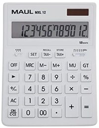 Maul Commerciële rekenmachine MXL12 | 12 cijfers | incl. belastingberekening | schuine display | grote professionele rekenmachine | op zonne-energie | inclusief batterij | 20,5 x 15,5 cm | wit