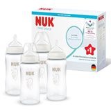 NUK First Choice Babyflessen | 3+ Maanden | 240ml | Anti-Koliek Fles | Glas | Temperatuurcontrole Indicator | Zeepaardje | 4 Stuks