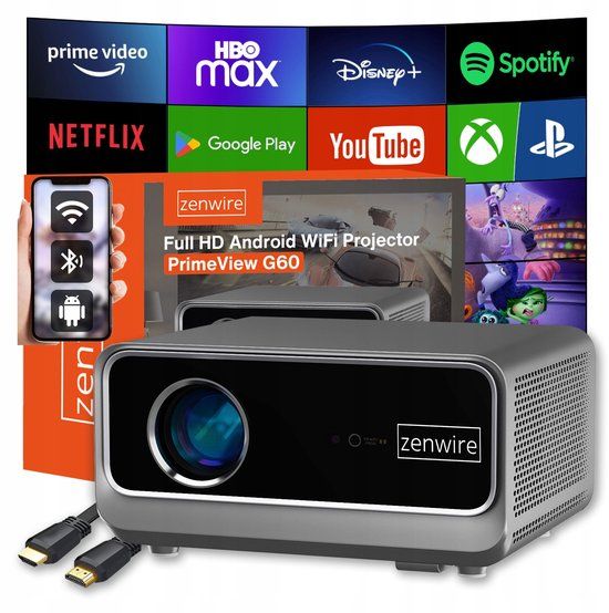 Zenwire Projector Beamer Android Google TV FULL HD 4K 39000lm 1300 Ansi WiFi 6 Draagbaar SMART G60