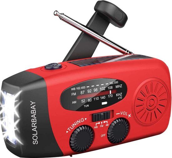 SOLARBABY Weerradio, zonne-radio, noodhandslinger, zelfaangedreven AM/FM zonne-weerradio met led-zaklamp, WB-radio met batterijondersteuning, 2000 mAh noodstroombank voor smartphones noodradio