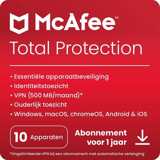 McAfee Total Protection - Multi-Device - 10 Apparaten - 1 Jaar - Nederlands - Windows / Mac Download