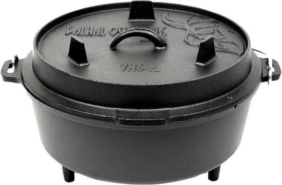 Valhal Outdoor Dutch Oven / Braadpan 6.1L - Gietijzer - Zwart - Met Thermometer Uitsparing