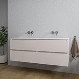 Saniclass Chaci Ensemble de meubles de salle de bain - 140x45x55cm - lavabo en céramique blanc brillant - 2 lavabos - sans trous de robinetterie - 4 tiroirs - coton mat (beige)