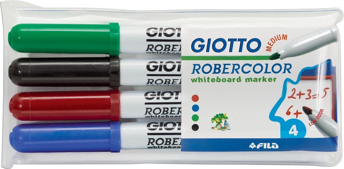 Giottos Robercolor whiteboardmarker, medium, ronde punt, etui met 4 stuks in geassorteerde kleuren 20 stuks