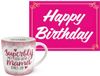 Bellatio Decorations Shoppartners Bv Verjaardag en moederdag cadeau koffiemok - mama - met XXL size happy birthday wenskaart - roze - A5 formaat