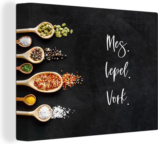 OneMillionCanvasses Canvas schilderij 160x120 cm - Keuken Spreuken - Mes Lepel Vork - Quotes - Muurdecoratie