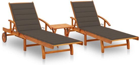 vidaXL Ligstoelen 2 st met tafel en kussens massief acaciahout