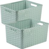 PLASTICFORTE 5x stuks rotan gevlochten opbergmand/opbergbox kunststof - mintgroen - 38 x 28 x 19 cm