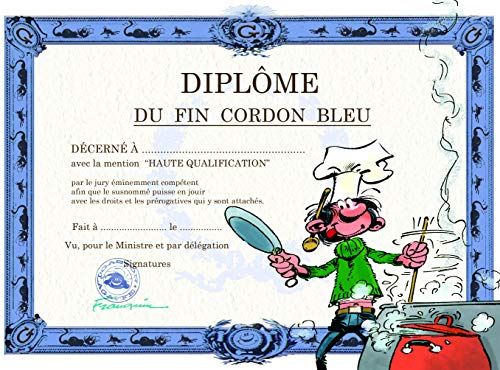 Gaston Lagaffe dubbele kaart, met envelop, motief"Diplome du fijn, koord, blauw - Chef kok keuken kookmuts met sterren