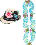 Chapeau trilby en paille - collier de fleurs bleu clair/blanc - Tropical toppers - pour Adultes