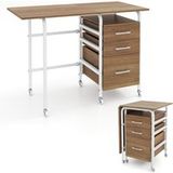 Costway Bureau Pliant avec 3 tiroirs, table d'écriture avec roulettes verrouillables, bureau à domicile roulant avec cadre en métal, compact pour dortoir, appartement (naturel)