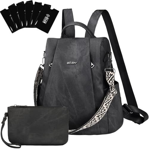 Eshow Kleine rugzak voor dames, anti-diefstal, elegant, veganistisch leer, waterdicht, met tas, modern, voor onderweg, school, werk, reizen, donkerzwart, casual