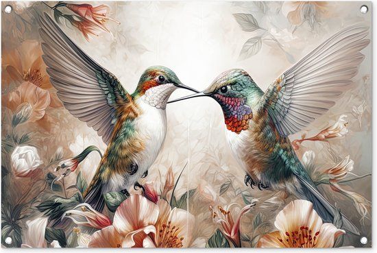 GreatGardenPosters Tuinposter buiten Kolibrie - Vogels - Bloemen - Natuur - 90x60 cm - PVC - Rechthoek