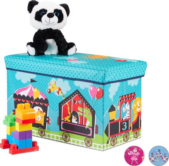 Relaxdays Speelgoedkist - opvouwbare poef - opbergkist speelgoed - Circus - lichtblauw/zwart/rood