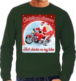 Bellatio Decorations Foute Kersttrui / sweater - Christmas dreams hot chicks on my bike - motorliefhebber / motorrijder / motor fan groen voor heren - kerstkleding / kerst outfit S