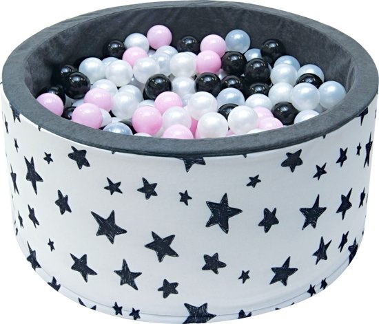 Viking Choice Ballenbak - stevige ballenbad - sterrenpatroon -90 x 40 cm - 200 ballen Ø 7 cm - roze, wit, zwart en zilver