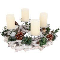 Adventskalender HWC Adventskrans HWC-M12, adventsarrangement tafelkrans kerstdecoratie tafeldecoratie hout zilver wit Ø 30cm ~ met kaarsen