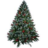 Kerstboom Himaly Kerstboom van 1,8 m met verlichting, dennenappels en bessen, PVC kunstkerstboom met sneeuw stroomde tips, kerstdecoratie kerstbomen voor binnen en buiten