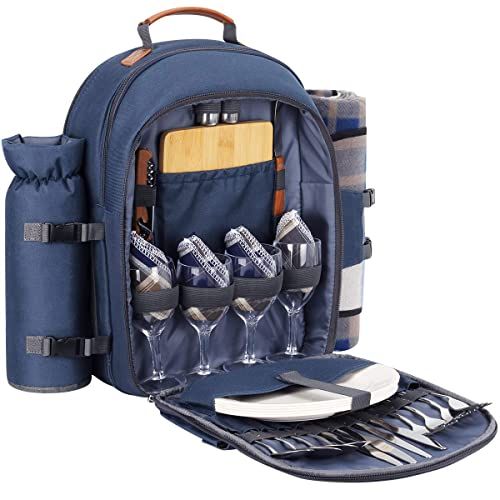 Sunflora Picknickrugzak 4 personen picknickset met geïsoleerd koelvak en deken voor camping outdoor (marineblauw)