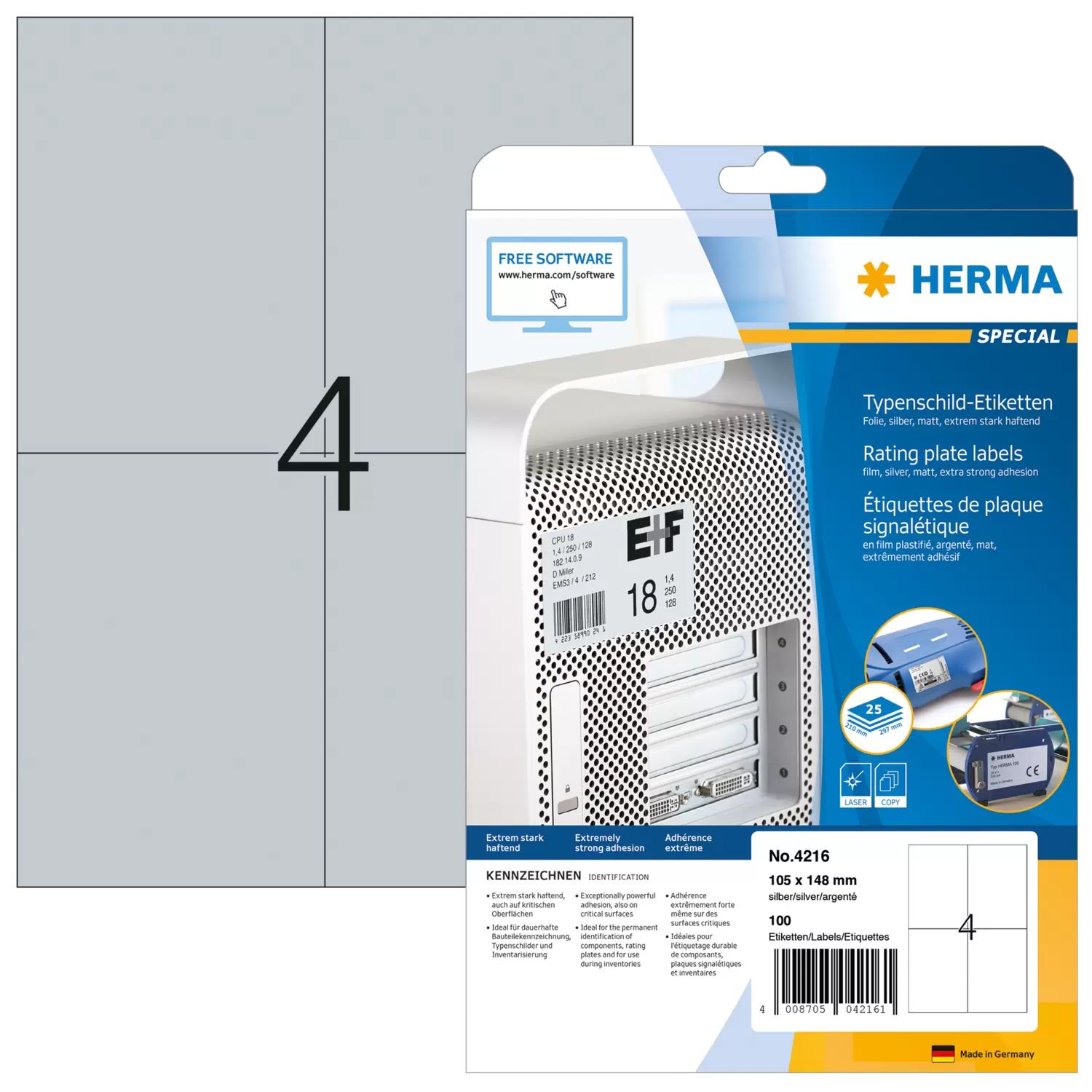 HERMA Typeplaatje etiketten A4 105x148 mm zilver extreem vast hechtend folie mat 100 St.