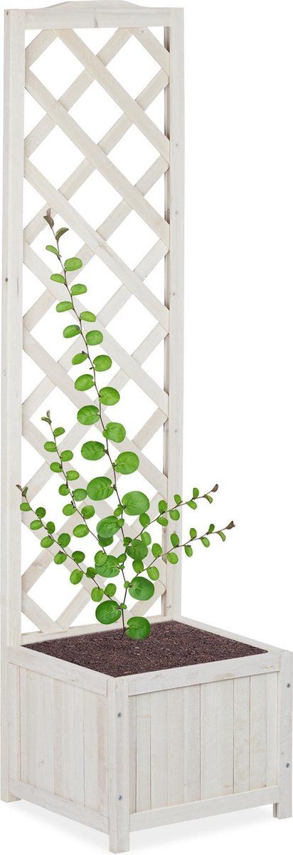 Relaxdays plantenbak met klimrek - wit - hout - rankhulp - plantenrek - trellis