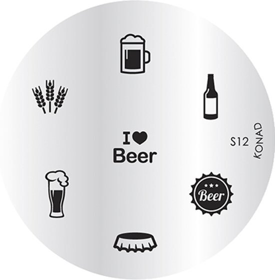 Konad stamp plate S12 met 7 nagel figuurtjes BIER (bierfles, bierdop, bierglas, halve liter bier).