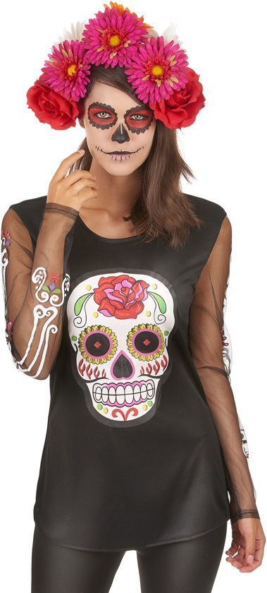 Generik Gekleurd skeletten t-shirt voor dames Dia de los Muertos - Verkleedkleding - One size