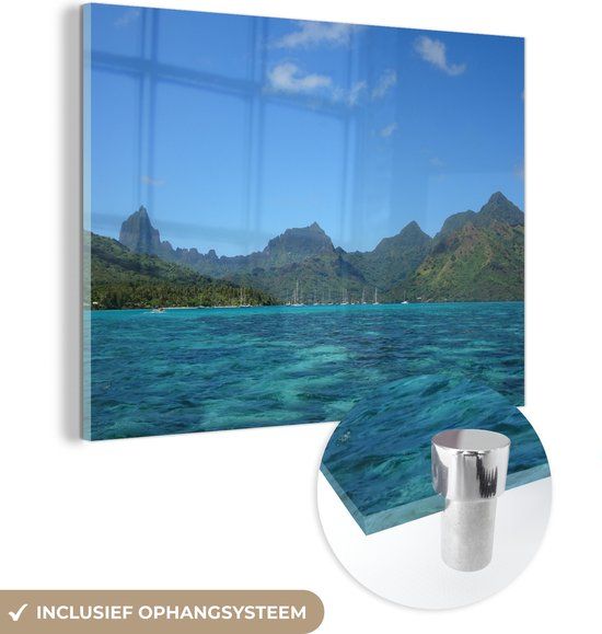 MuchoWow® Glass Painting 120x90 cm - Acrylic Glass Painting - 'Ōpūnohu Bay in Moorea with a Mountainous Background - Photo on Glass - Paintings