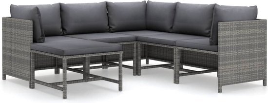 vidaXL 6-delige Loungeset met kussens poly rattan grijs