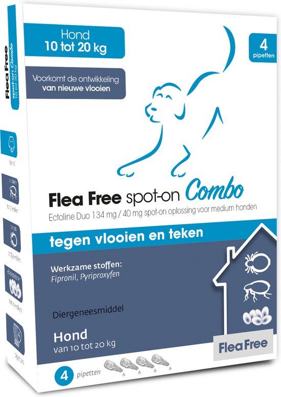 Flea Free Spot-On Combo Hond Medium - Anti vlooien en tekenmiddel - 4 pip 10-20 Kg