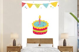 Nr1Wallpaper Behang - Fotobehang Illustratie met vlaggen, een taart en de quote Happy birthday - Breedte 200 cm x hoogte 300 cm