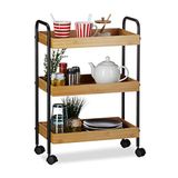 Relaxdays Trolley van natuurlijk bamboe, zwart, 3 planken, 70 x 50 x 28 cm