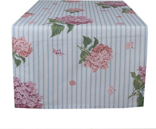 Clayre & Eef Tafelloper - 50x140 cm - Blauw Roze - Katoen - Rechthoek - Hortensia