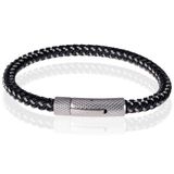 TJ Tom Jaxon Tom Jaxon Heren armband geweven leer met Edelstaal Zilverkleurig Zwart-21cm
