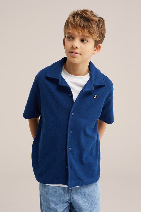 WE Fashion Jongens overhemd met embroidery - Korte mouw - Katoen - Cobalt blue - Maat 146/152