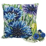 CdA kruissteekkussen "Blauwe Bloemen" 5108, 40x40cm, borduurafbeelding voorgetekend