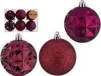 Krist+ Gedecoreerde Kerstballen - 6 Stuks - Wijn Rood/Bordeaux - Kunststof - 7 cm