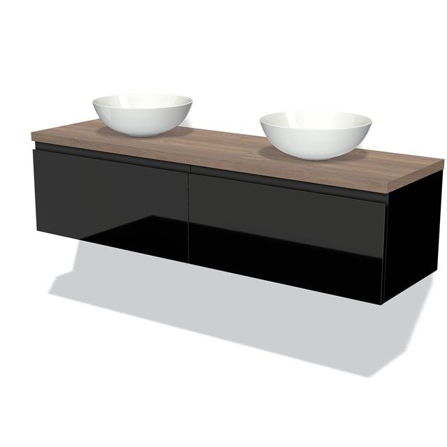 Maxaro Badkamermeubel Modulo Plato 160cm Hoogglans Zwart 2 Lades Greeploos Middenbruin Eiken Blad
