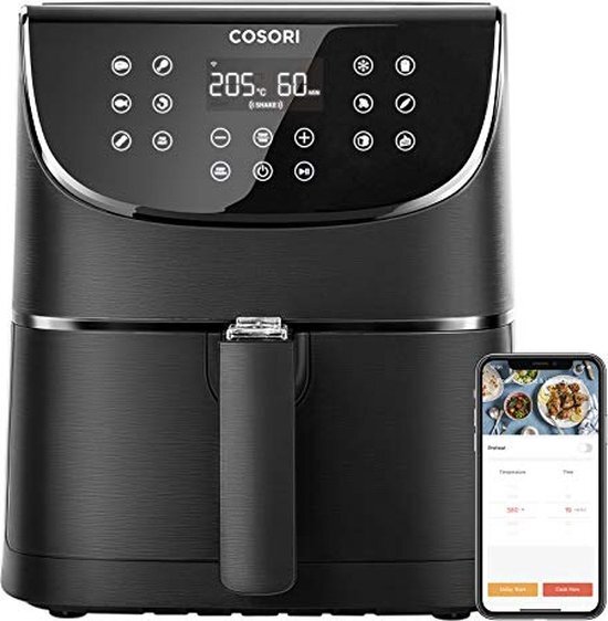 Cosori Smart WiFi Heteluchtfriteuse 5,5 l XXL friteuse heteluchtfriteuse Airfryer met app-bediening, 11 programma's, voorverwarmen en warm houden, shake-modus, 100 receptenboekje, zonder olie, 1700 W