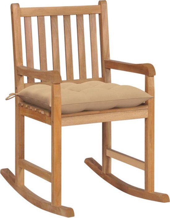 vidaXL Schommelstoel met beige kussen massief teakhout