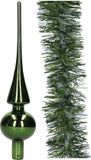 Decoris Kaemingk B.V. Kerstversiering glazen piek 26 cm glans - met kerstslinger 270 cm - donkergroen